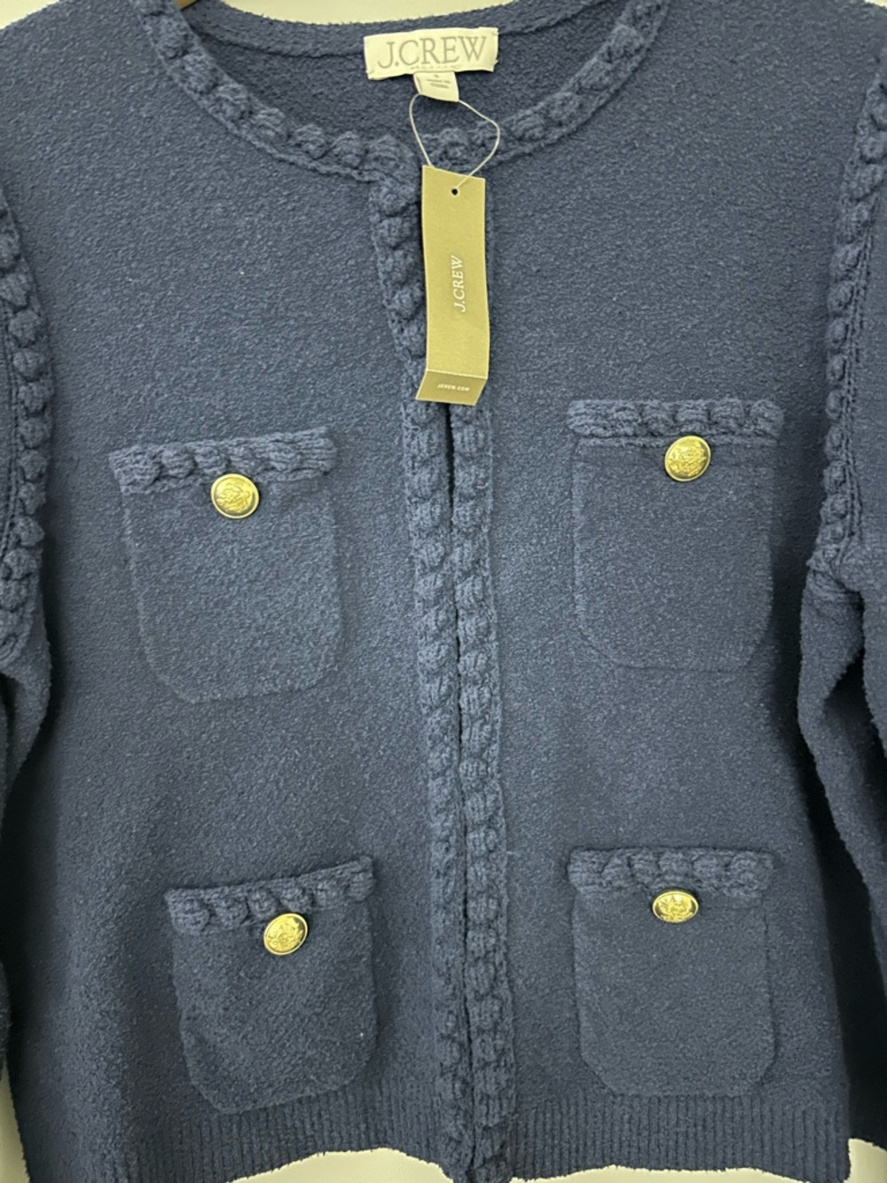 NWT J.Crew Odette Navy Braided Trim Cardigan with Gold Buttons - Picture 3 of 6